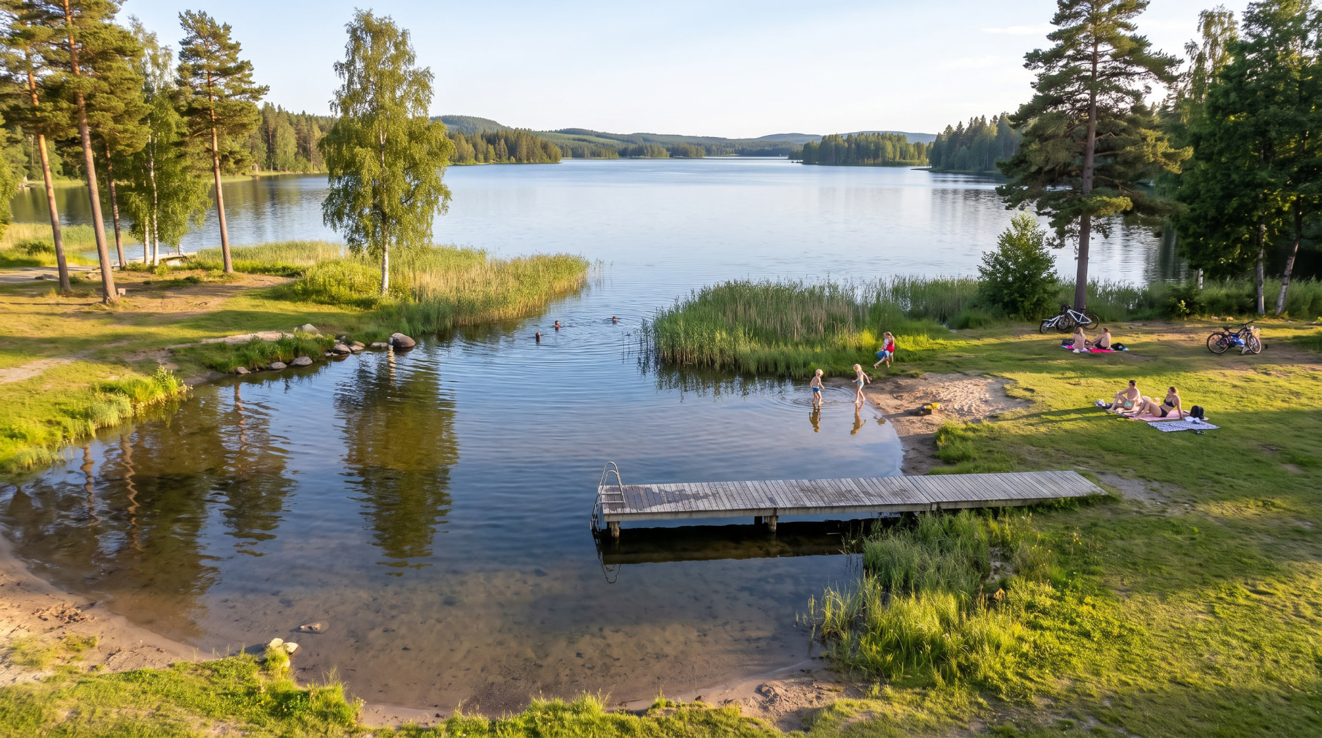 Badplats med brygga vid sjön
